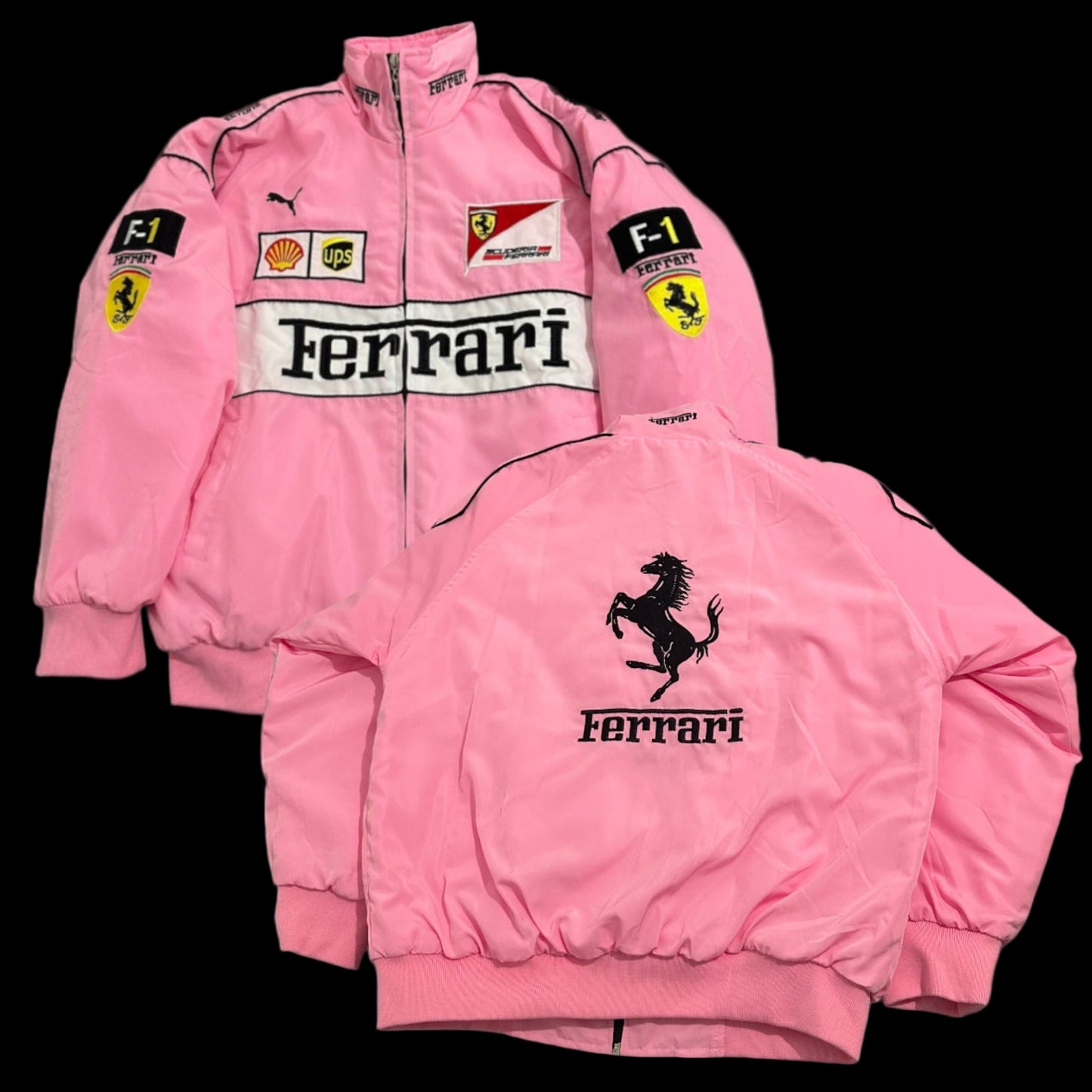 Pink jacket with various logos on a black background