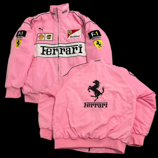 Pink jacket with various logos on a black background