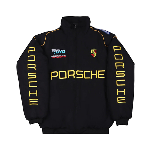 Black Porsche sweatshirt with yellow text and logos on a gray background