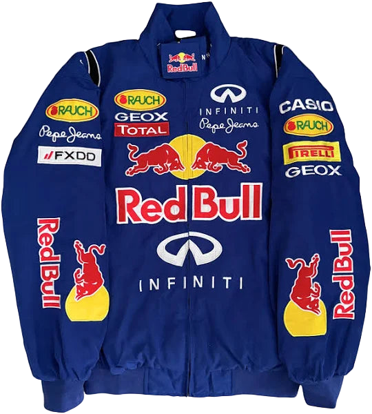 Blue jacket with Red Bull and Infiniti logos on a white background